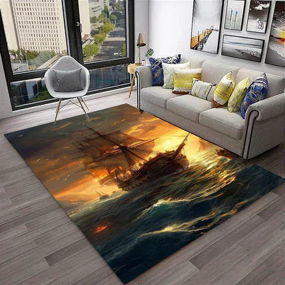 3D Pirate Ship Boat,Sailboat,Barque Carpet Rug for Home Living Room Bedroom Sofa Doormat Decor,kids Area Rug Non-slip Floor Mat