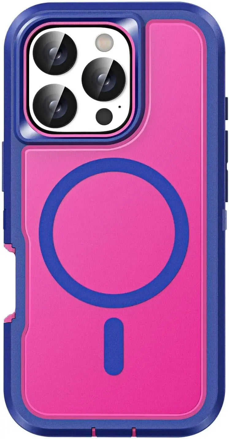 Pink and blue phone case with a magnetic design on a clear background