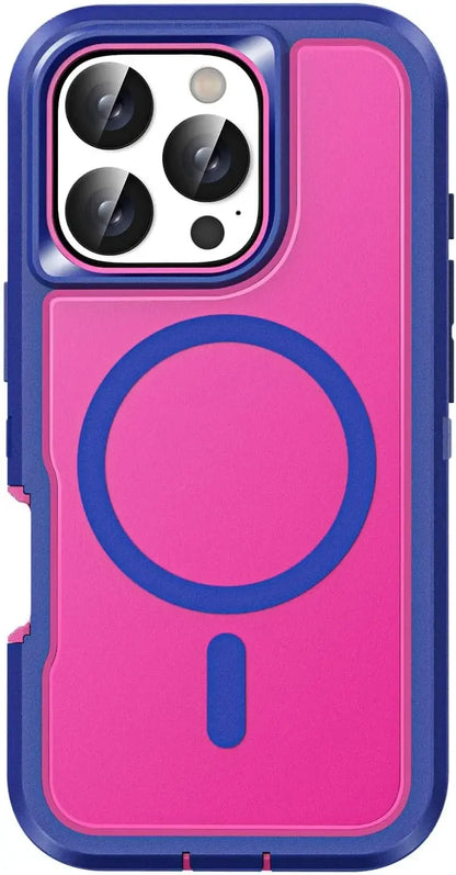 Pink and blue phone case with a magnetic design on a clear background