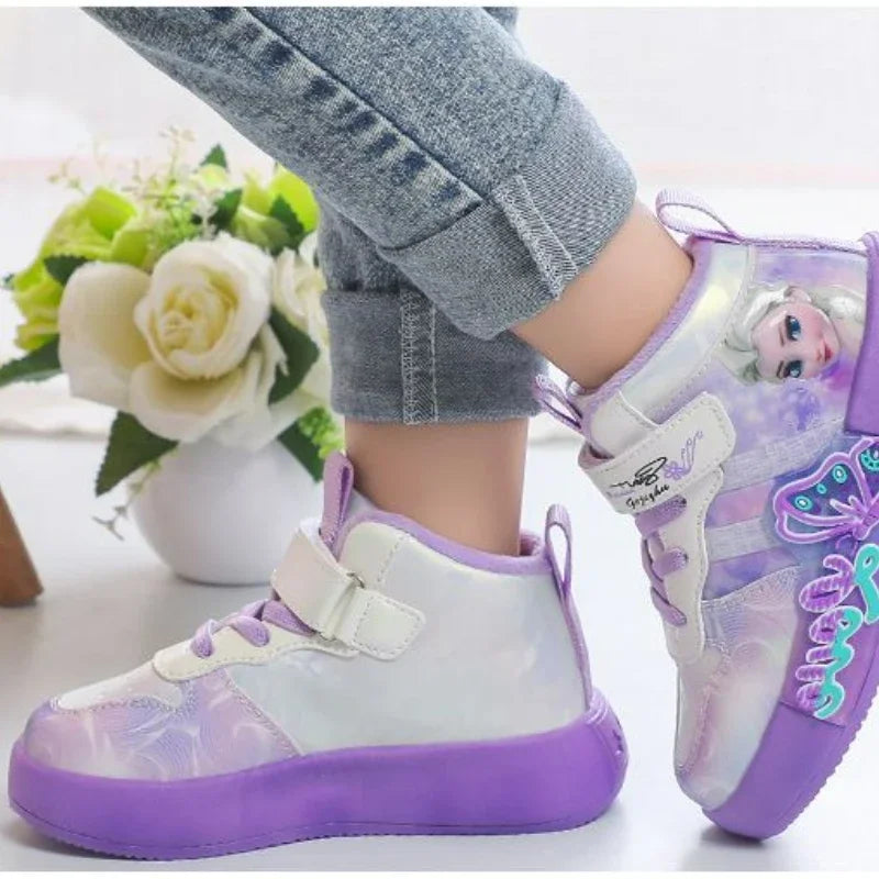 Cartoon Children's Casual Shoes Girls' Sports Shoes Frozen Priness Elsa Girls' High Top Pink Fashion Shoes Sneakers Size 25-36