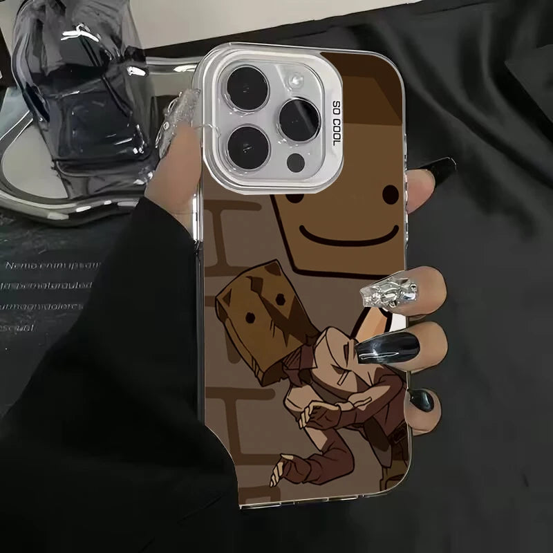 Cartoon Box Man Pattern Plating Phone Case for iPhone 16 15 14 13 12 11 Pro Max 16E XS X XR 7 8 Plus SE2 Shockproof Matte Cover