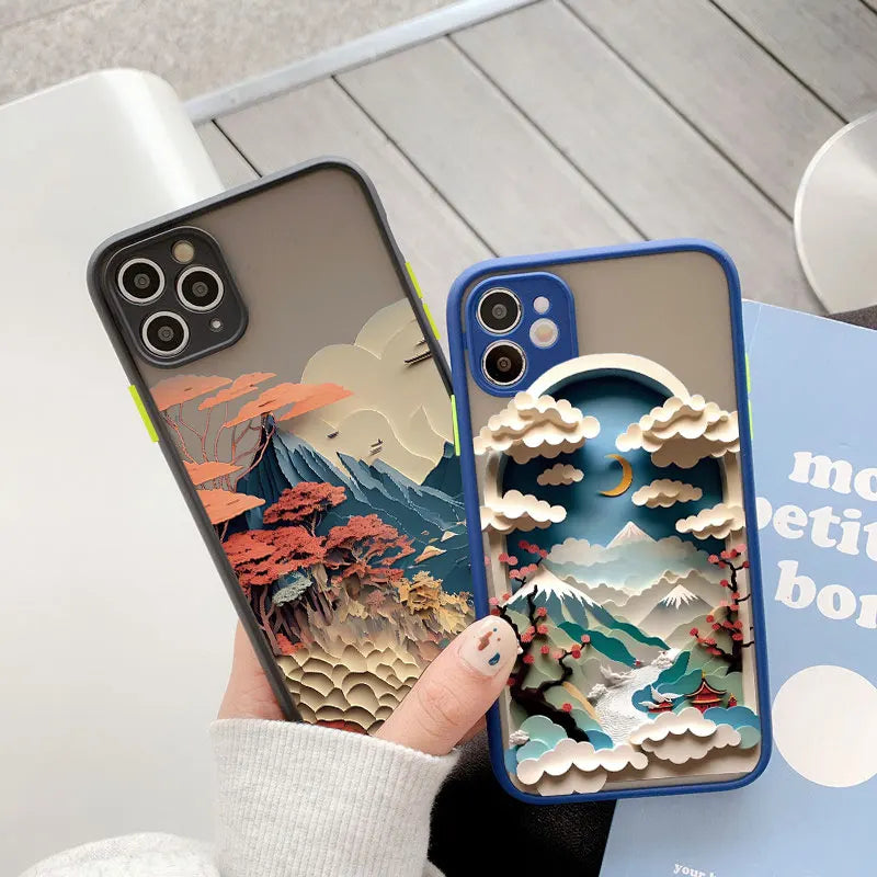 Phone case with mountain design on a gray background