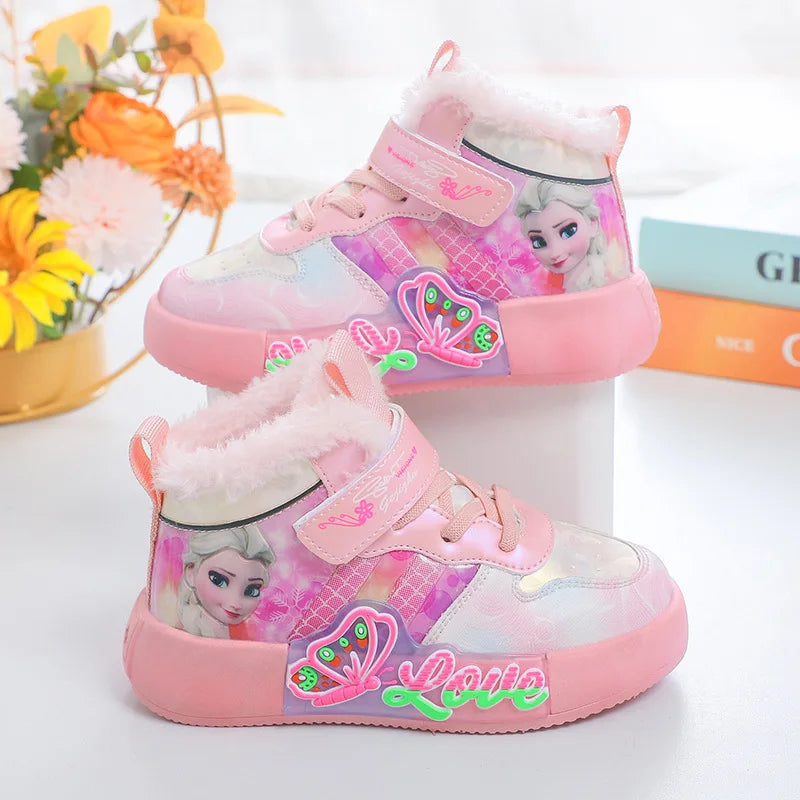 Children Sneakers Girls Fashion Cartoon Mid-top Sneaker Warm Winter Cotton Soft Sole Non-slip Casual Shoes Size 26-36