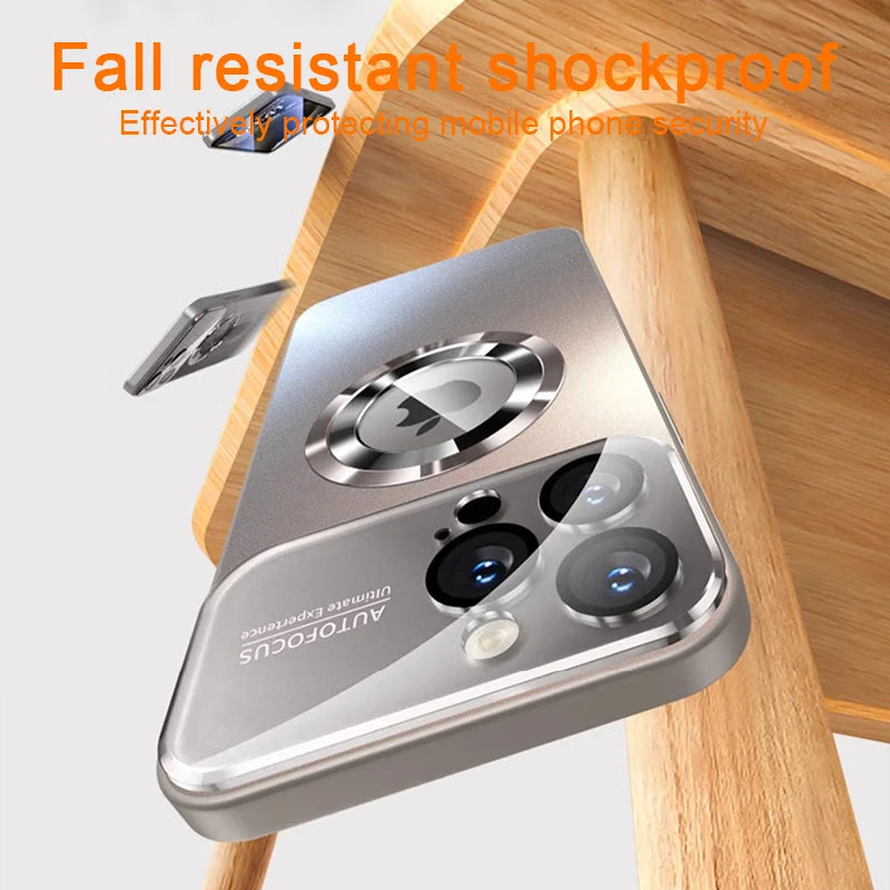 Luxury Glass Camera Lens For Magesafe Magnetic Wireless Charging Case For iPhone 11 12 13 14 15 16 Pro Max Plus Shockproof Cover