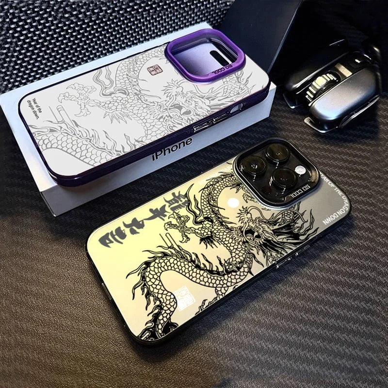 Phone case with dragon design on a textured surface