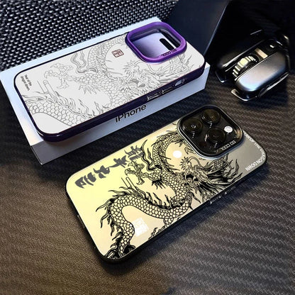 Phone case with dragon design on a textured surface