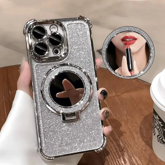 Luxury Magsafe Wireless Charging Glitter Phone Case For iPhone 16 11 12 13 14 15Pro Max Plus Plating Mirror Airbag Bracket Cover