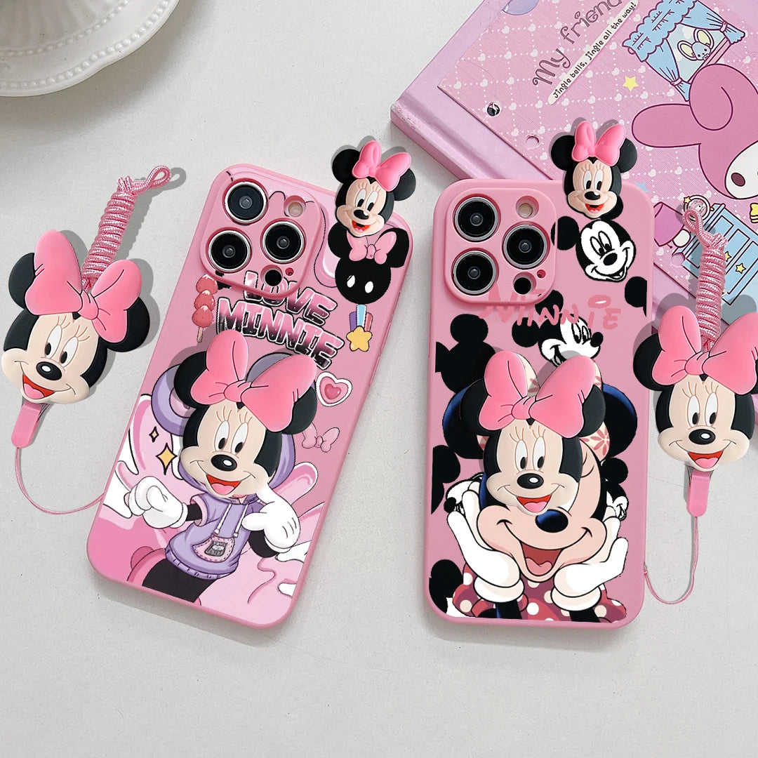 Cartoon Case With Holder Rope Cover For iPhone 16 15 14 13 12 Mini 11 Pro X XS Max XR 7 8 6 6S Plus SE 2022