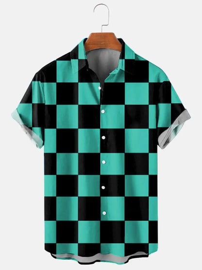 Men's Hawaiian Shirt Summer Lapel Plaid Printed Shirt for Men Casual Fashion Short Sleeve T-Shirt Retro Funny Male Clothes