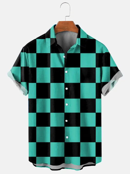 Men's Hawaiian Shirt Summer Lapel Plaid Printed Shirt for Men Casual Fashion Short Sleeve T-Shirt Retro Funny Male Clothes