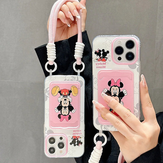 Couple Card Holder Cartoon Phone Case for iPhone 16 14 Plus 15 Pro Max 11 12 13 Pro X XS XR 7 8 SE With Lanyard