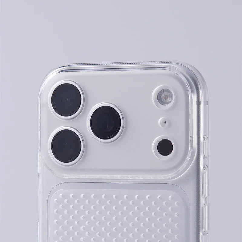 A close-up of a clear protective phone case fitted over a white smartphone, showing the transparent bumper edge and a textured grip panel on the back, set against a light gray background.
