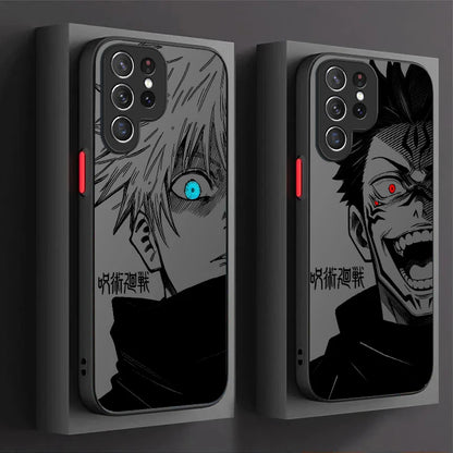 Two black phone cases displayed side by side on dark gray stands. The left case features a grayscale anime-style character with a bright blue eye, and the right case features a grayscale anime-style character with a red eye.
