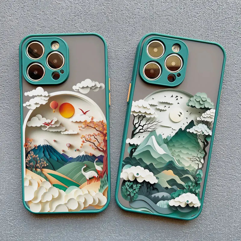 Two phone cases with scenic designs on a gray background