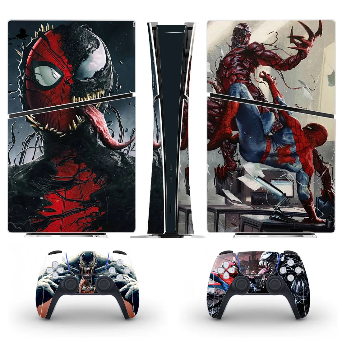 Gaming console and controllers with Spider-Man and Venom design on a white background