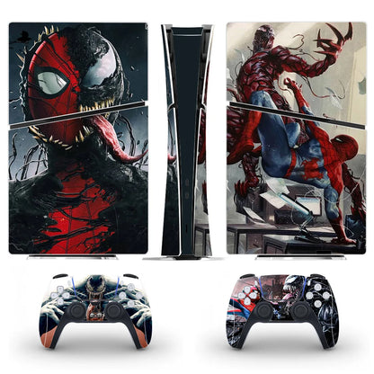 Gaming console and controllers with Spider-Man and Venom design on a white background