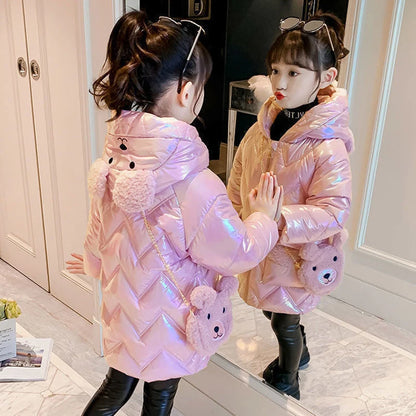 4 5 6 7 8 9 10 11 12 Years Winter Girls Down Jacket Keep Warm Cute Bear Fashion Hooded Little Princess Coat Children's Clothing