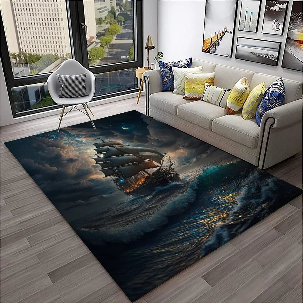 3D Pirate Ship Boat,Sailboat,Barque Carpet Rug for Home Living Room Bedroom Sofa Doormat Decor,kids Area Rug Non-slip Floor Mat