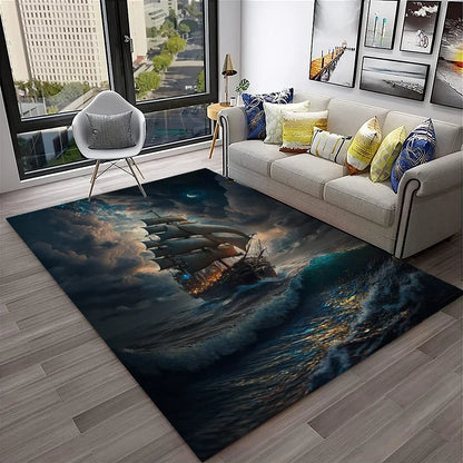 3D Pirate Ship Boat,Sailboat,Barque Carpet Rug for Home Living Room Bedroom Sofa Doormat Decor,kids Area Rug Non-slip Floor Mat