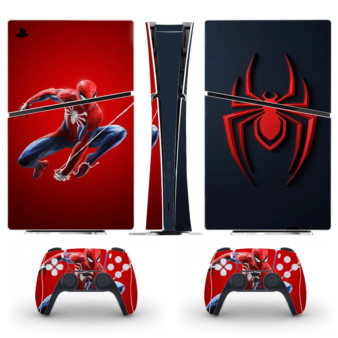 Spider-Man themed gaming console skin with character and logo on a white background