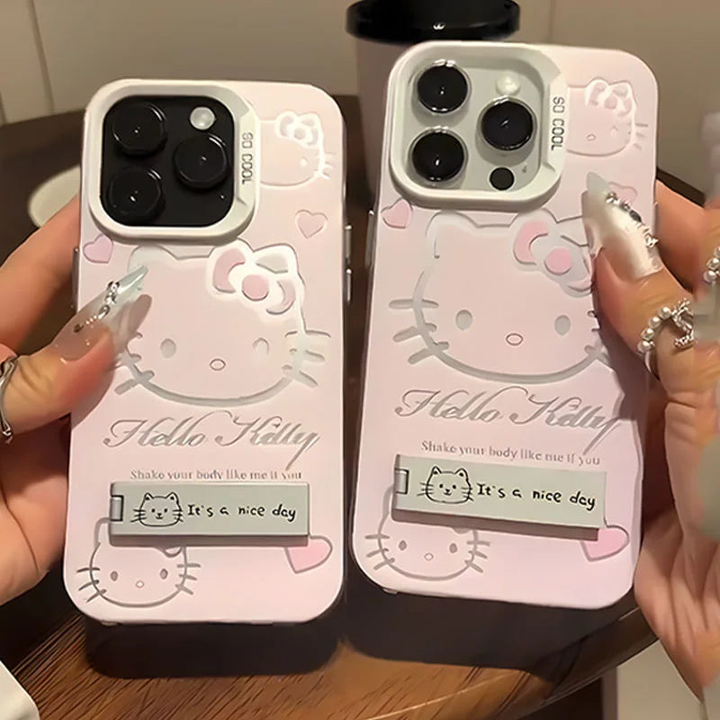 Luxury Pink HelloKitty With Bracket Phone Case For iPhone 17 16 15 14 13 12 11 ProMax XR XS 8 Plus Soft Anti Drop Silicone Cover