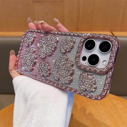 Fashion 3D Diamond Rose Phone Case for iPhone 16 15 14 13 11 12 Pro Max 16 Plus Bling Shiny Gradient Shockproof TPU Soft Cover