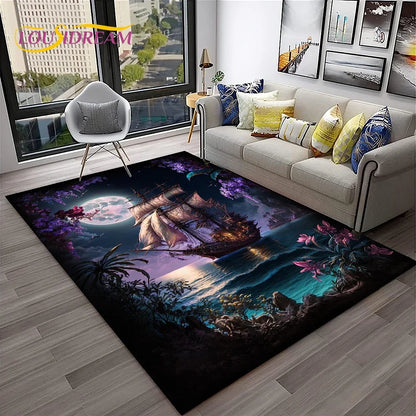 3D Pirate Ship Boat,Sailboat,Barque Carpet Rug for Home Living Room Bedroom Sofa Doormat Decor,kids Area Rug Non-slip Floor Mat