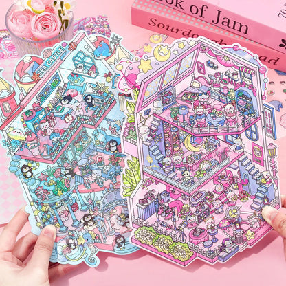Plus Size 2.5D Cartoon Castle Town Landscape Sticker Scene DIY Toy Game Sticker Festival Birthday Gift for Kid Child Girl