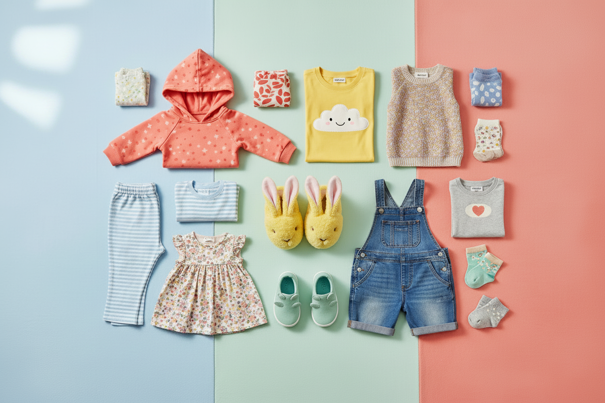 Collection of children's clothing and accessories on a two-tone blue and pink background