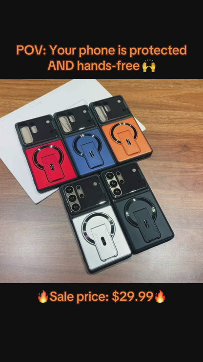Premium magnetic case designed for Samsung Galaxy S26, S25, S24, S23 Ultra, A57, A56, A37, and A36 models, providing shockproof protection and a sleek, foldable stand.
